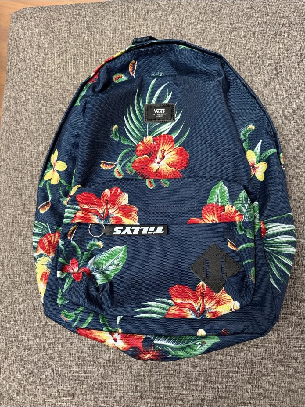 Vans Navy Floral Backpack with Red & Yellow Hibiscus